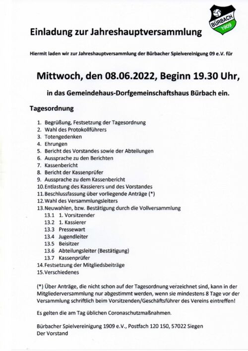 Einladung Jahreshauptversammlung